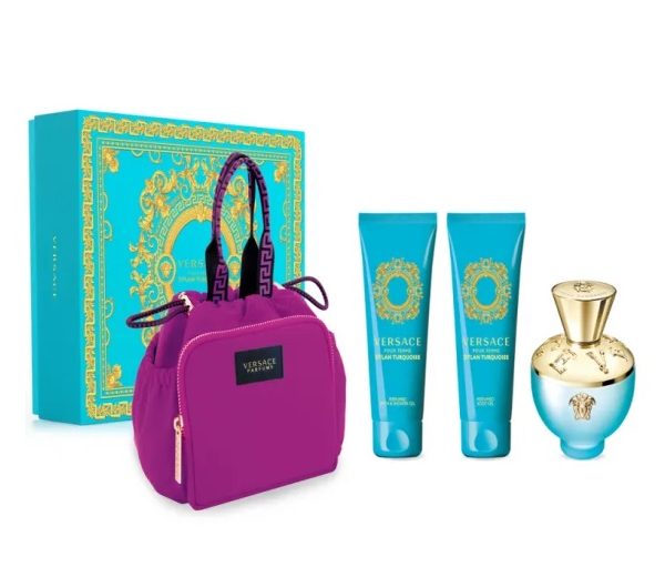 ESTUCHE VERSACE DYLAN TURQUOISE MUJER 4PZS 90ML EDP + GEL DE BAÑO + CREMA + COSMETIQUERA